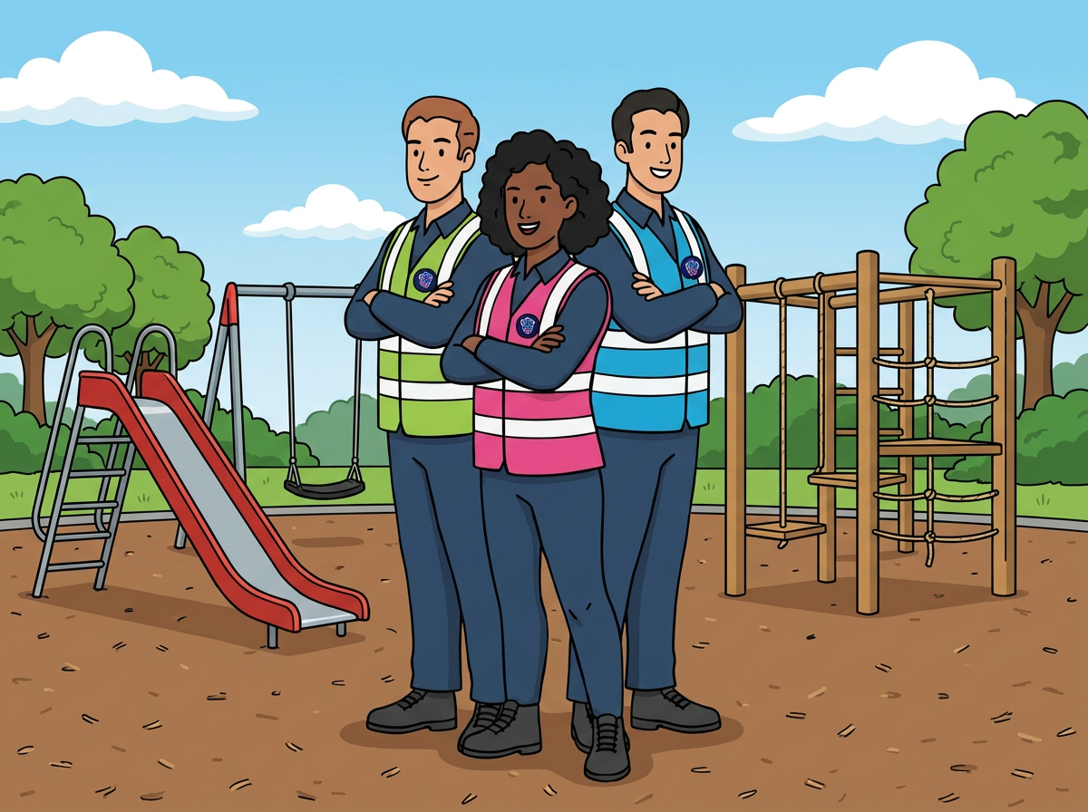 Three people in vests.