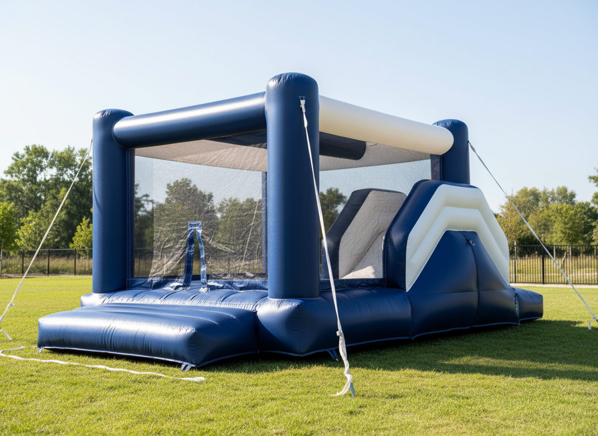 blue and white bouncy castle play safe institute