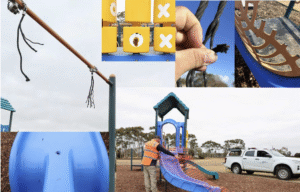 ‘disgusting’ vandalism leaves geelong playground with melted plastic and exposed wires.