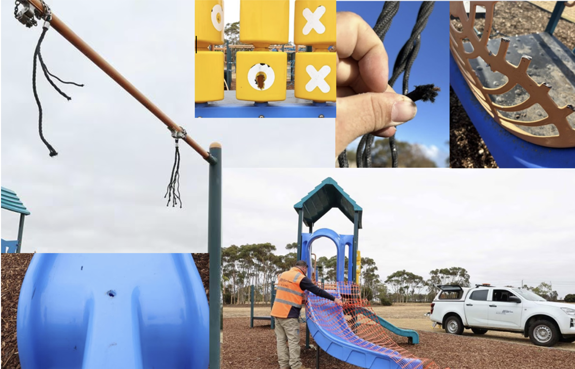 ‘disgusting’ vandalism leaves geelong playground with melted plastic and exposed wires.