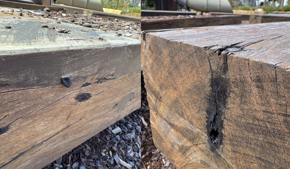 Concerns for playground timber observed “bleeding” black tar-like substance and emitting a strong chemical odour.