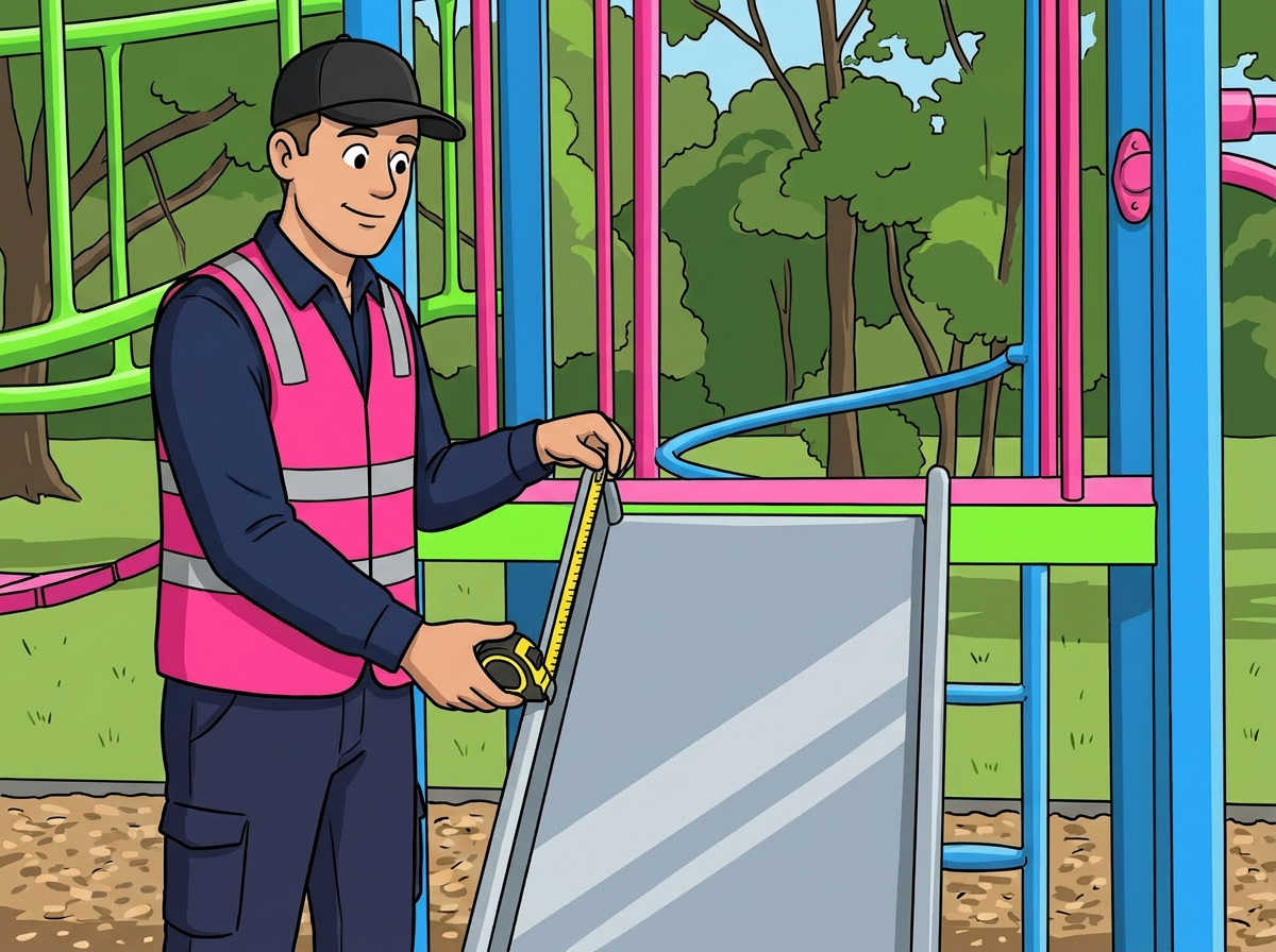 Man measuring playground slide.
