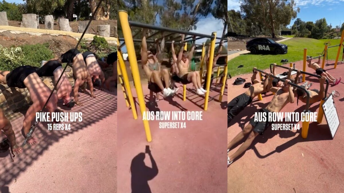 A men’s fitness group using a suburban playground for strength and calisthenics workouts.