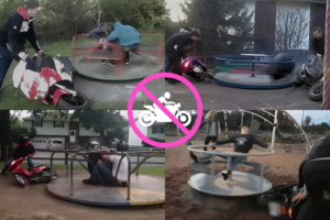 Kids using motorcycles, vehicles, or other mechanical forces to intentionally increase the speed for play equipment 