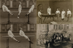 Early playground-style spaces originally designed for adult physical exercise and gymnastic activities.