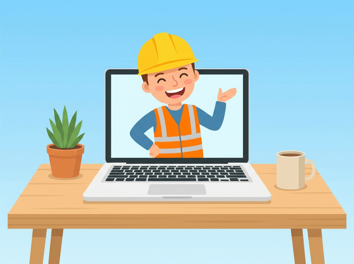 Construction worker on laptop screen