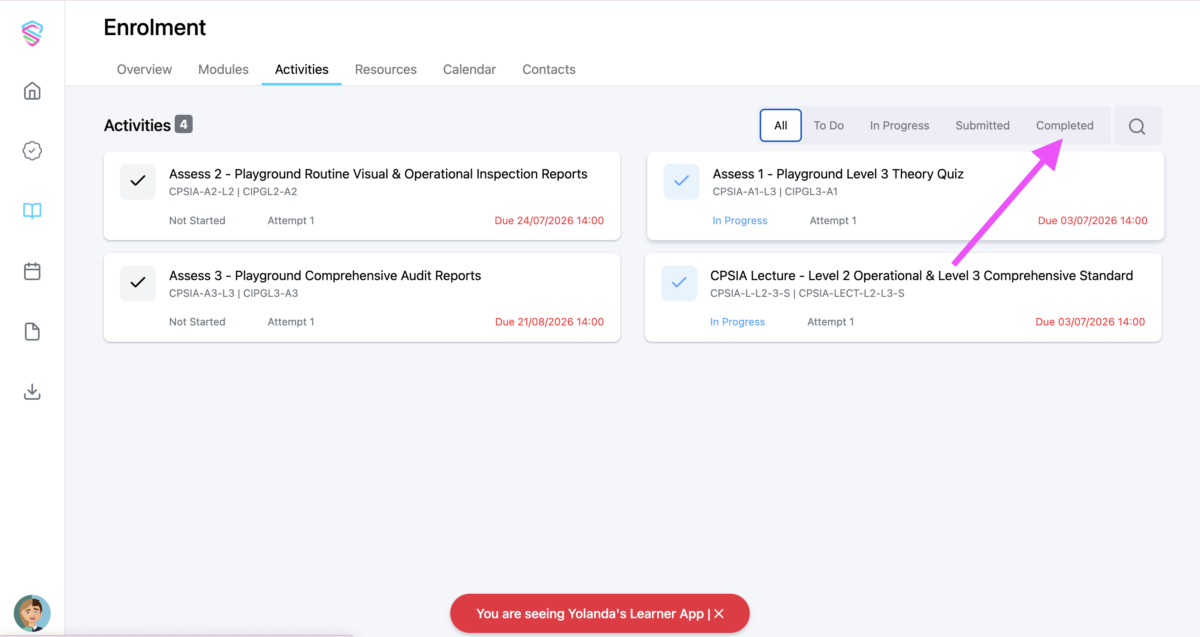 Completed learning activities